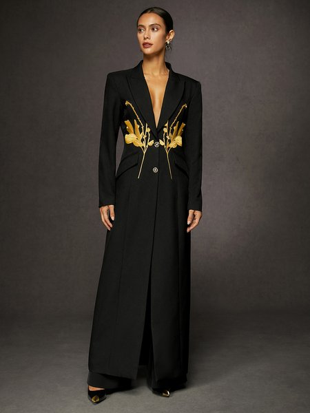 Urban Floral Lapel Collar Long Blazer, Blazers, color:Black|size:XXL, Stylewe
