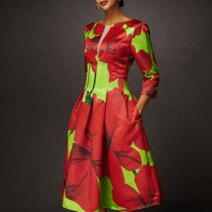 Elegant Floral Notched High Waist Satin Midi Dress, Midi Dresses, color:As Picture|size:XXL, Stylewe