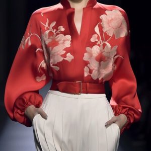 Balloon Sleeve Stand Collar Satin Elegant Floral Shirt, Blouses and Shirts, color:Red|size:XXL, Stylewe