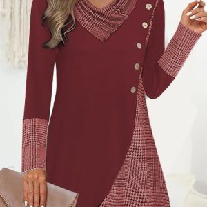 Long Sleeve Plaid Buttoned Regular Micro-Elasticity Loose TUNIC Blouse For Women, Blouses, color:Red|size:XXL, catalog Noracora shop