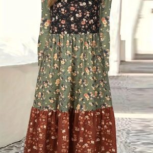 Women Floral Crew Neck Long Sleeve Comfy Casual Lace Maxi Dress, Dresses, color:Green|size:5XL, catalog Noracora shop