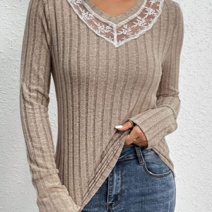 V Neck Long Sleeve Plain Lace Regular Micro-Elasticity Loose Blouse For Women, Blouses, color:Khaki|size:XL, catalog Noracora shop