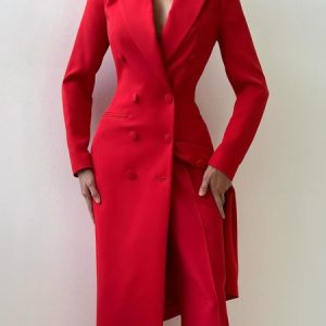 Tuxedo Urban Buttoned Mid-long Blazer, Blazers, color:Red|size:XXL, Stylewe