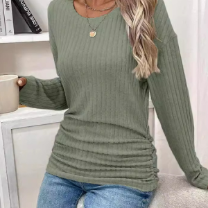 Crew Neck Long Sleeve Plain Regular Micro-Elasticity Loose Blouse For Women, Blouses, color:Aqua|size:XXL, catalog Noracora shop
