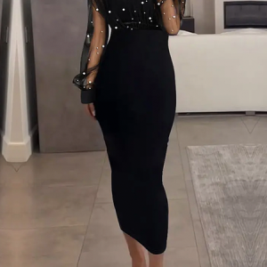 Elegant pearl embellished mesh Maxi dress, Midi Dresses, color:Black|size:XXL, Stylewe