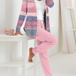 Women's Striped Daily Going Out Two Piece Set Long Sleeve Casual Spring/Fall Coat With Pants Matching Set, JustFashionNow Suit Set, color:Pink|size:XXL,