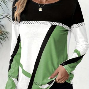 Women's Long Sleeve Blouse Spring/Fall Plaid Jersey Crew Neck Daily Going Out Casual Top, JustFashionNow Shirts, color:Green|size:XXL,