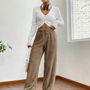 Casual Plain Fleece Long Pants, Pants, color:Camel|size:XL, catalog Noracora shop