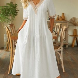 Lace Cotton And Linen Casual Pockets Plain Dress, Maxi, color:White|size:XXL, catalog Noracora shop