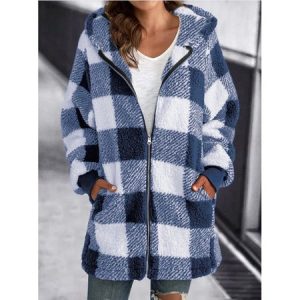 Women's Plaid Zipper Regular Loose Jacket, Outerwear, color:Blue|size:5XL, catalog Noracora shop