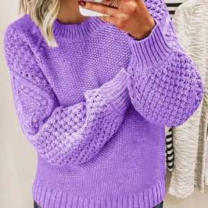 Women Yarn/Wool Yarn Plain Long Sleeve Comfy Casual Sweater, Sweaters, color:Purple|size:5XL, catalog Noracora shop
