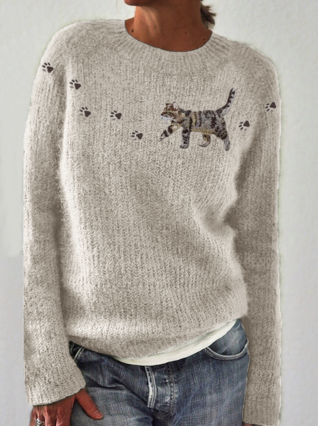 Playing cat pullover round neck knitted sweater, Sweaters, Lilicloth.com