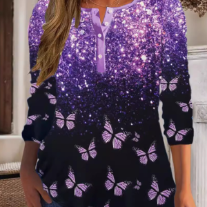 Crew Neck Long Sleeve Butterfly Regular Micro-Elasticity Loose Blouse For Women, Blouses, color:Purple|size:XXL, catalog Noracora shop