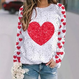 Women's Valentine's Day Love Heart Graphic Print Long Sleeve Crew Neck Sweatshirt, JustFashionNow Sweatshirts & Hoodies, color:White|size:4XL,