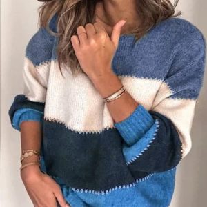 Women Striped Long Sleeve Comfy Casual Sweater, Sweaters, color:Blue|size:5XL, catalog Noracora shop