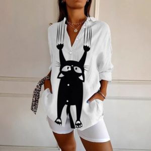 Shirt Collar Long Sleeve Geometric Regular Loose Shirt For Women, Shirts, color:White|size:5XL, catalog Noracora shop