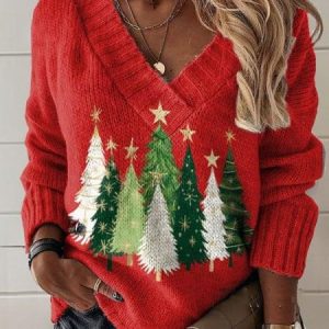Casual V Neck Christmas Tree Print Sweatshirt, Hoodies & Sweatshirts, color:Red|size:XXL, catalog Noracora shop