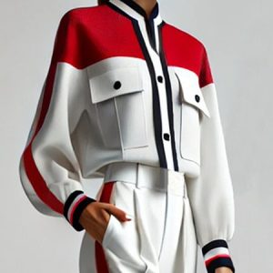 Urban Color Block Stand Collar Pockets Jacket, Jackets, color:White-Red|size:XXL, Stylewe