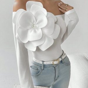 Urban 3D Floral Off The Shoulder Blouse, Blouses and Shirts, color:White|size:XXL, Stylewe