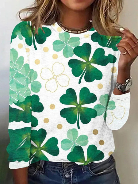 Women's St Patricks Day Four Leaf Clover Print Long Sleeve Crew Neck T-shirt, JustFashionNow T-Shirts, color:Green|size:4XL,