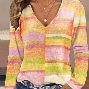 Casual Striped V Neck Long Sleeve T-shirt, T-shirts, color:Multicolor|size:XXL, catalog Noracora shop