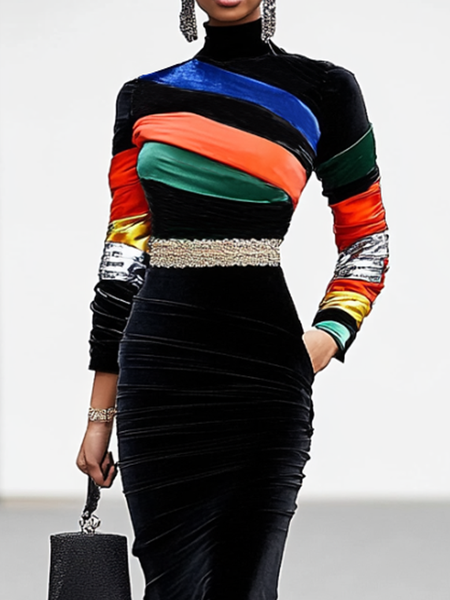 High Elasticity Turtleneck Long Sleeve Geometric Elegant T-Shirt, Tees, color:As Picture|size:XXL, Stylewe