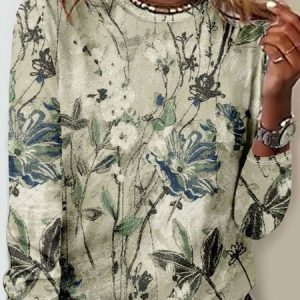 Casual Floral Crew Neck Long Sleeve T-shirt, T-shirts, color:As Picture|size:4XL, catalog Noracora shop