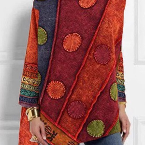 Crew Neck Long Sleeve Ethnic Regular Micro-Elasticity Loose Blouse For Women, Blouses, color:Multicolor|size:3XL, catalog Noracora shop
