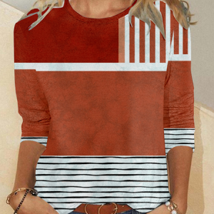 Casual Abstract Crew Neck Long Sleeve T-shirt, T-shirts, color:Orange Red|size:L, catalog Noracora shop