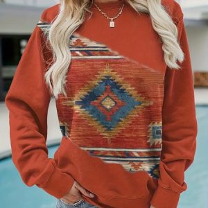 Women's Crew Neck Ethnic Geometry Vintage Spring/Fall Long Sleeve Sweatshirt, JustFashionNow Sweatshirts & Hoodies, color:Brick Red|size:XXL,