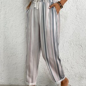 Striped Casual Pockets Loose Elastic Waist Pants, Pants, color:Khaki|size:XXL, catalog Noracora shop