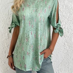 Crew Neck Floral Printed Knot Cuff Blouse, Blouses, color:Green|size:XXL, catalog Noracora shop
