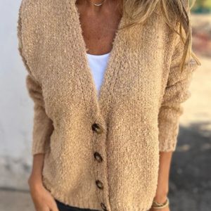 Women Yarn/Wool Yarn Plain Long Sleeve Comfy Casual Buttoned Cardigan, Cardigans, color:Khaki|size:XXL, catalog Noracora shop