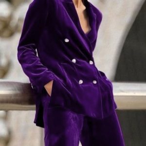 Velvet Lapel Collar Plain Urban Buttoned Blazer, Blazers, color:Purple|size:XXL, Stylewe