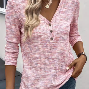 V Neck Long Sleeve Plain Regular Micro-Elasticity Loose Blouse For Women, Blouses, color:Pink|size:XL, catalog Noracora shop
