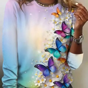 Butterfly print round neck T-shirt, Long sleeves, Lilicloth.com