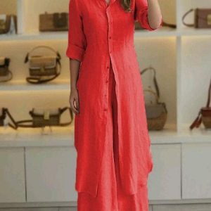 Women Plain Shawl Collar Long Sleeve Comfy Casual Top With Pants Two-Piece Set, Sets, color:Red|size:5XL, catalog Noracora shop