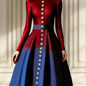 Ombre Elegant Buttoned Party Dress, Midi Dresses, color:Red-Blue|size:XXL, Stylewe