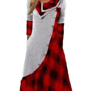 Women's Long Sleeve Spring/Fall Plaid Dress Daily Going Out Casual Maxi A-Line, JustFashionNow Dresses, color:Color4|size:3XL,