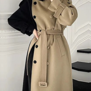 Color Block Loose Raglan Sleeve Urban Turtleneck Mid-long Coat with Belt, Coats, color:As Picture|size:XXL, Stylewe