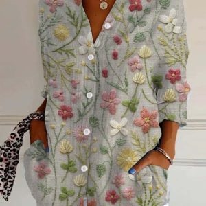 Shirt Collar Long Sleeve Floral Lightweight Regular Fit Shirt For Women, Shirts, color:Khaki|size:XXL, catalog Noracora shop