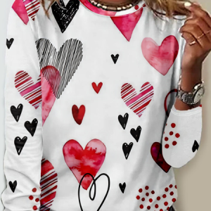 Casual Crew Neck Heart/Cordate T-Shirt, Long sleeves, Lilicloth.com