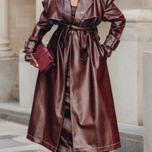 Lapel Collar Regular Sleeve Loose Urban Faux Leather Coat With Belt, Jackets, color:Red Brown|size:XXL, Stylewe
