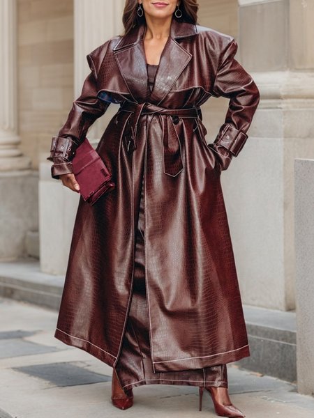 Lapel Collar Regular Sleeve Loose Urban Faux Leather Coat With Belt, Jackets, color:Red Brown|size:XXL, Stylewe