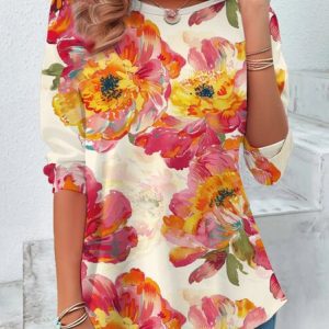 Casual Floral Print Crew Neck Long Sleeve T-shirt, Blouses, color:Red|size:XXL, catalog Noracora shop
