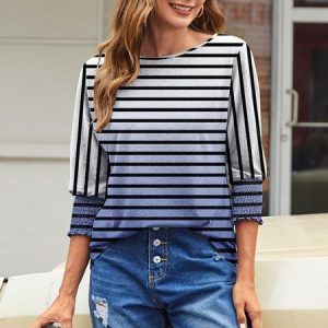 Crew Neck Long Sleeve Striped Regular Micro-Elasticity Loose Blouse For Women, Blouses, color:Royal Blue|size:XXL, catalog Noracora shop