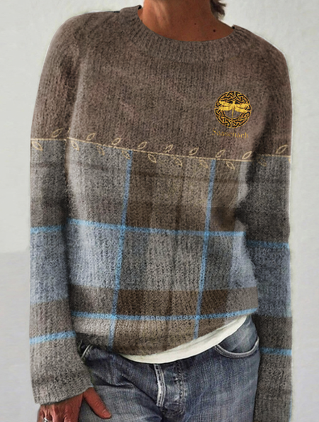 Retro checkered color blocked golden dragonfly round neck sweater, Sweaters, Lilicloth.com