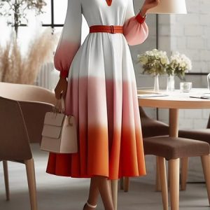 Elegant Ombre Notched Midi Dress With Belt, Midi Dresses, color:As Picture|size:XXL, Stylewe