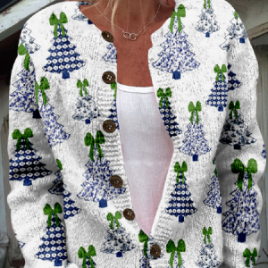 Women Knitted 3D Printing Long Sleeve Comfy Vintage Cardigan, Cardigans, color:Green|size:5XL, catalog Noracora shop
