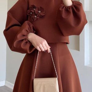 3D Floral Balloon Sleeve Elegant Plain Blouse, Blouses and Shirts, color:Brown|size:XXL, Stylewe
